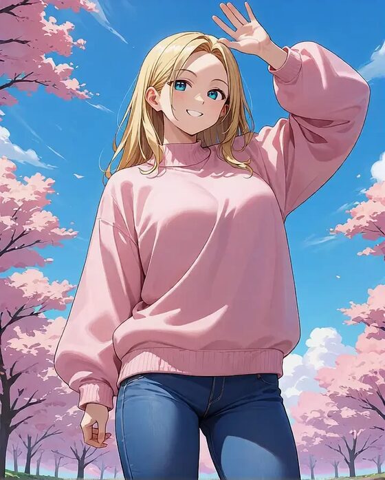 La même jeune femme en style anime, en pull rose et jean, générée par IA