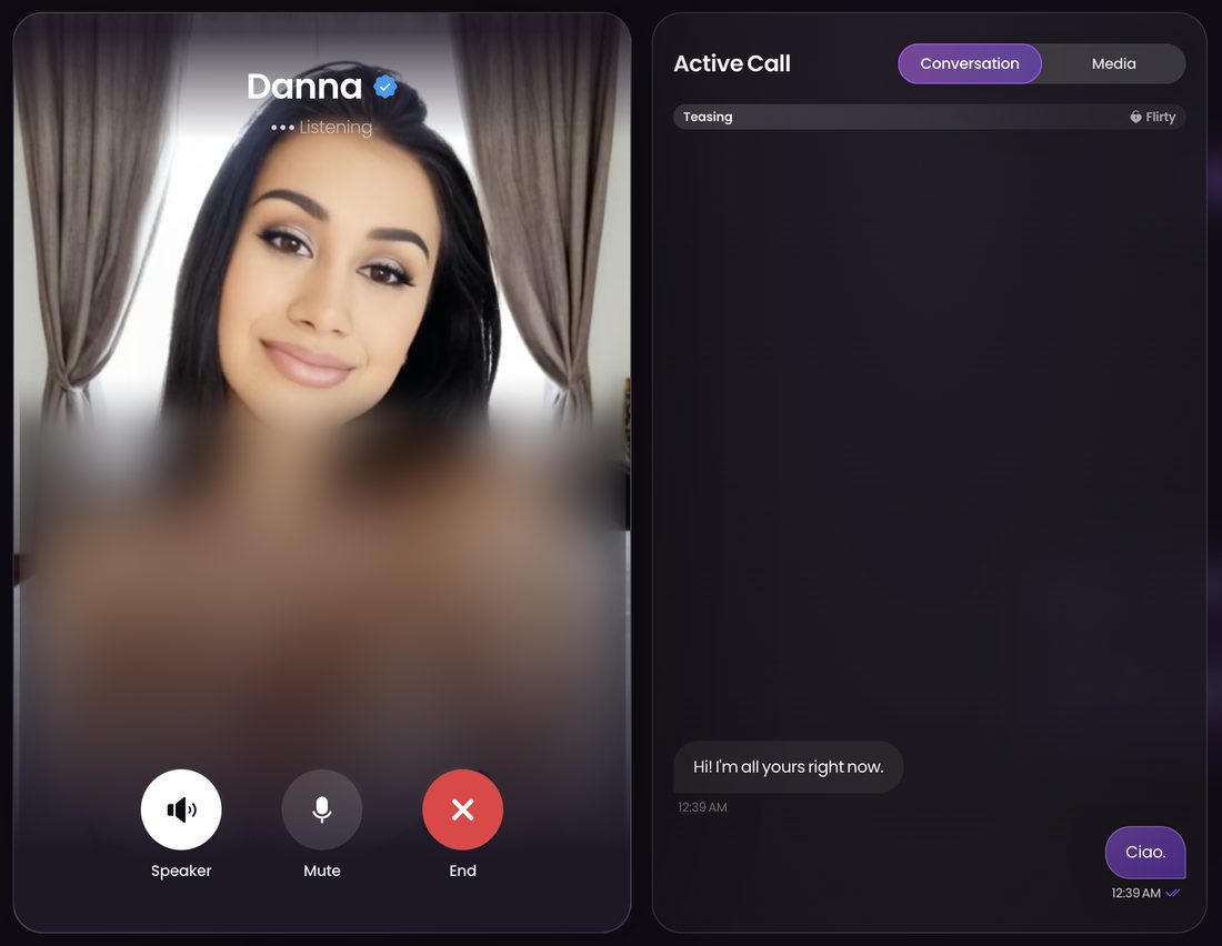 Swipey voice call with Danna, marked Listening, with Speaker, Mute and End buttons, her chest blurred by us. Live transcript: she says “Hi! I'm all yours right now.” at 12:39 AM, we answer “Ciao.”